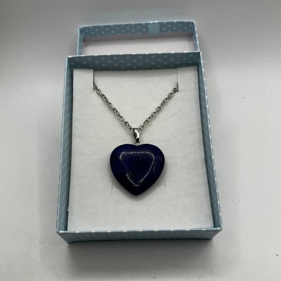 Genuine Lapis Lazuli Gemstone HEART Pendant 18 inch Stainless Steel Chain - Picture 14 of 16